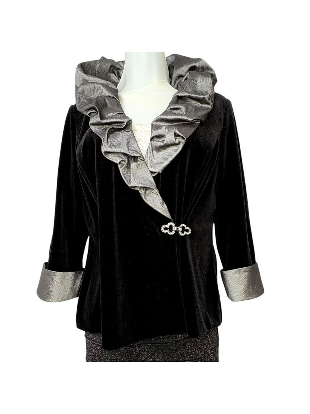 Whimsigoth  Velvet Jacket MP Rhinestone Clasp, Metallic Ruffle Fairy Grunge 90s